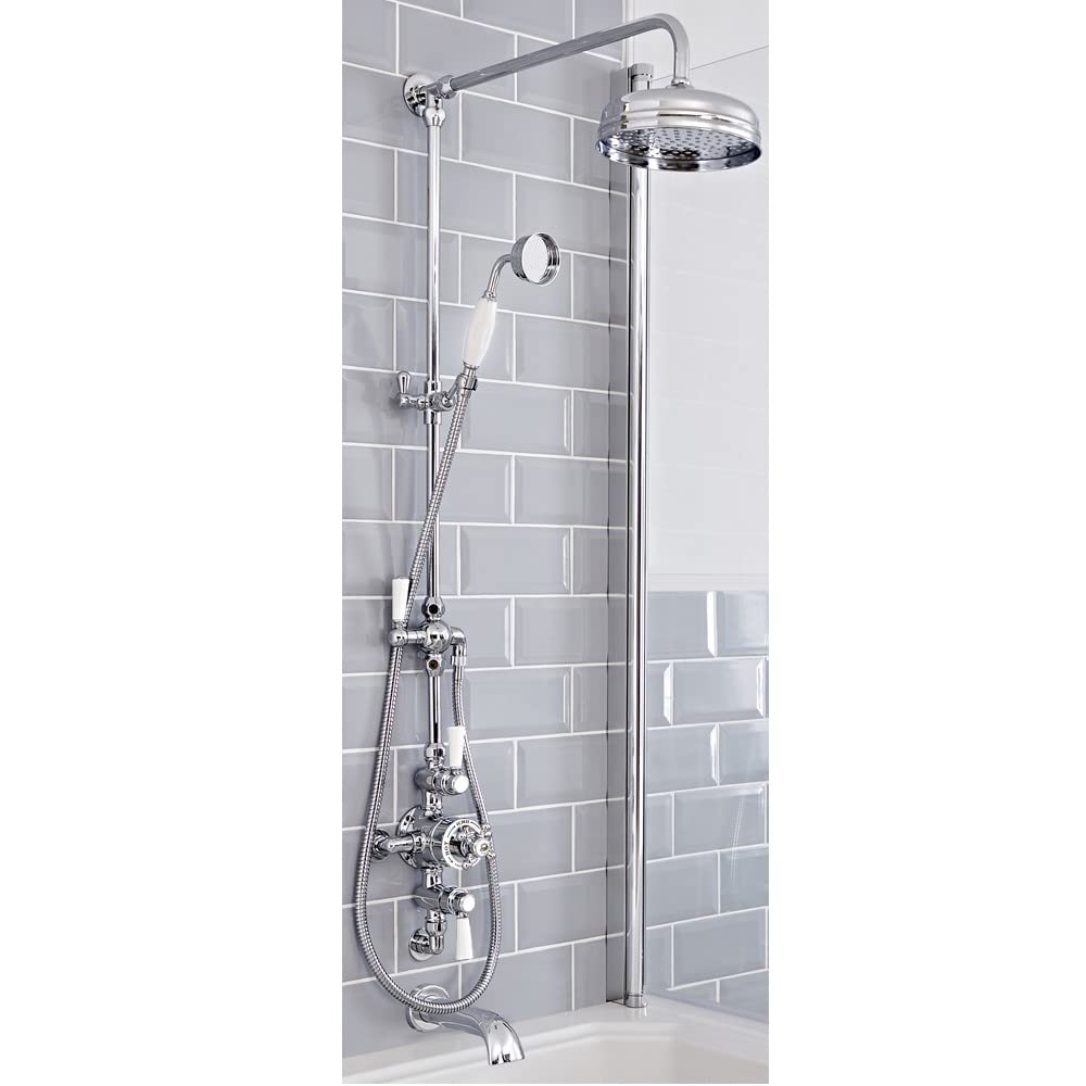 Milano Chrome & White Elizabeth Rigid Riser Thermostatic Valve Shower Head Handset Bath Spout - Chrome
