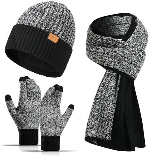 floconssy 3 PCS Men's Winter Hat Scarf Gloves Set, Warm Knit Beanie Thermal Long Scarf fleece lined Touchscreen Gloves for Cold Weather Black Grey