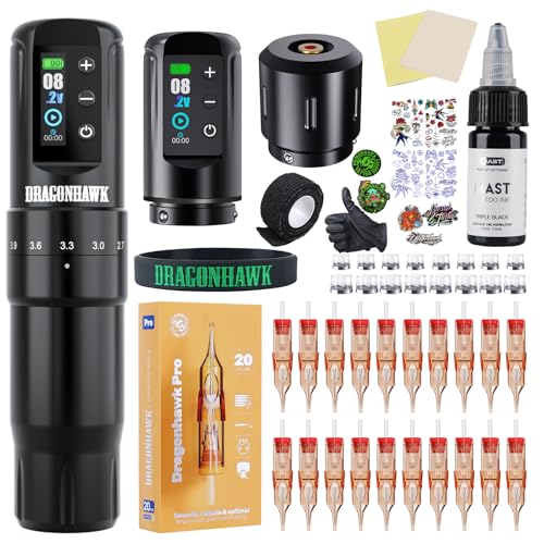 Dragonhawk Atom2 Pro Complete Tattoo Kit with 2 Batteries 7 Strokes Cordless Tattoo Gun Machine 2000mAh for Long Sessions Cartridge Machine for Beginners