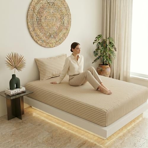 Image of Filymore Single Bed Bedsheet with 1 Pillow Cover, 300 TC Microfiber Satin Striped Bedsheet, Soft & Breathable Single Size Bedcover 90x60 Inches, Cream