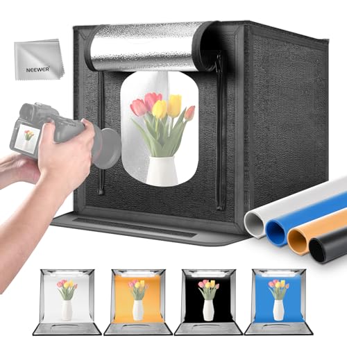 NEEWER Box Studio Photo Light Mejorada, 60 x 60 cm, antirreflejo, telones de Fondo 4 Colores, paño de Limpieza, 160 LED 5600 K CRI97+, Mini Cabina de Fotos Plegable para fotografía de Joyas, LP60