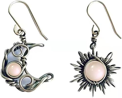 MALOYANVE Aretes colgantes bohemios de ópalo con forma de sol y luna, piedra de luna, gancho de piedra natural, bohemio, para mujer, asimétrico,