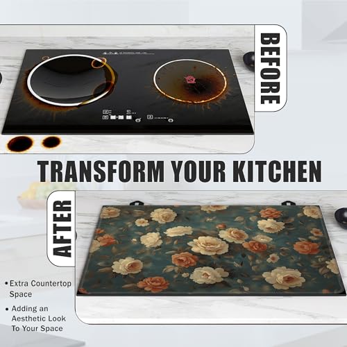 Image of Vintage Rose Flower Glass Top Stove Cover Protector,Retro Floral Heat Resistant Stove Top Cover, Large Size Range Covers for Electric Stove Countertop Mat, 28 x 20 Inch