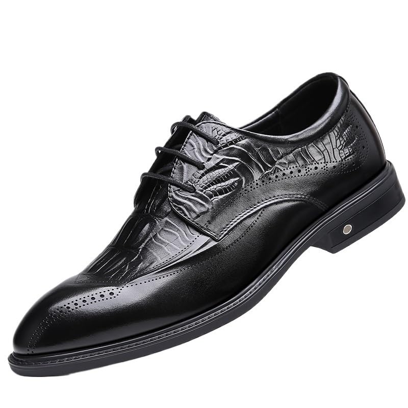 Men's Breathable Leather Wingtip Brogue Oxfords Men's Vintage Crocodile Print Strap Slip On Dress Shoes Business Casual Derby Shoe