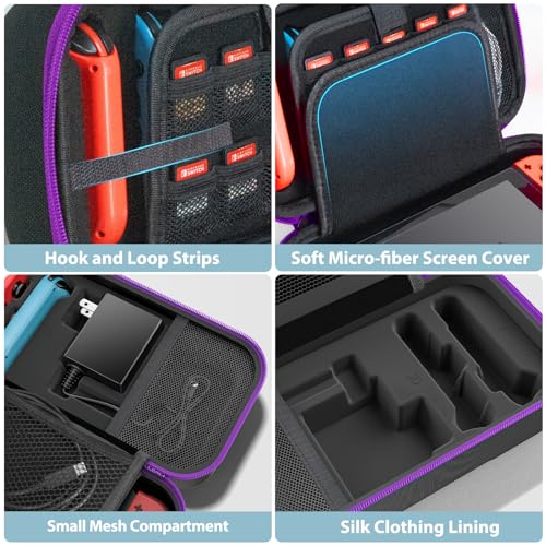 Image of Switch Case Compatible with Nintendo Switch /OLED Model, Large Switch Carry Case for Joycon and EU Power Supply, Hard Switch OLED Case with Storage for 20 Switch Games & Switch Accessories, Purple