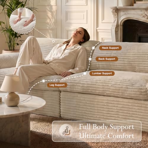 Image of Vesgantti 118 inch Boneless Couches for Living Room, Cloud Sectional Couch & Deep Seat, 3 Seater Comfy Corduroy Modular Sofa, Modern Slouch Couch, No Assembly Required, Beige