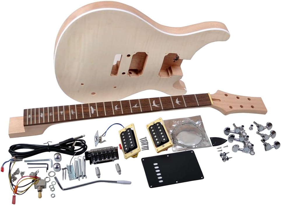 RSW DIY Electric Guitar Kit - Set-Neck Mahogany Body Flamed Maple Top, Rosewood Fretboard with Bird Inlays, 2 Humbuckers, Chrome Hardware, 24.75" Scale Unfinished
