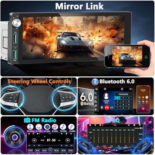 Image of Single Din Car Stereo with Apple Carplay Android Auto,6.9 Inch IPS Touchscreen, 1 Din Car Audio Receivers wtih Bluetooth Handsfree /FM /AM /Dual USB /Type-C /EQ /SWC /GPS Navigation /Backup Camera /Microphone