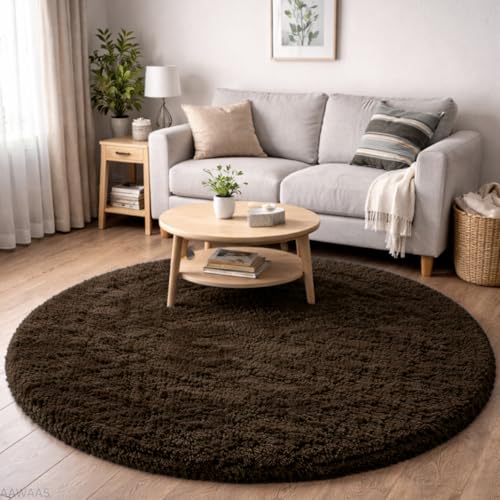 Image of Premium Polyester Shaggy Round Rug - Ultra Soft Fluffy Circle Carpet for Bedroom, Living Room, Kids Room, Anti-Skid Plush Floor Rug - (Coffee, 3 feet|90cm)