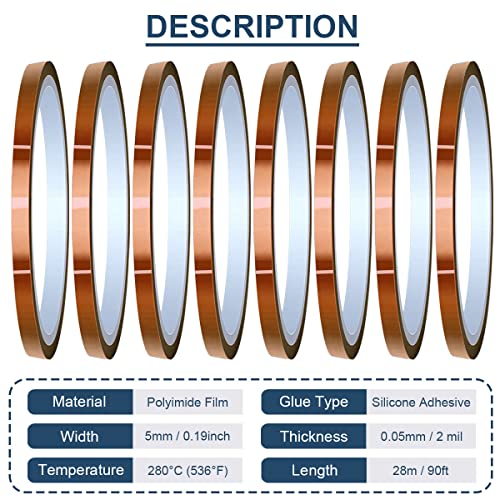 Image of 8 Rolls 5mm x 28m(90ft) High Temperature Tape High Temp Tape Polyimide Heat Resistant Tape Thermal Tape Kapton Tape for Masking /Solder / 3D Printers /Battery