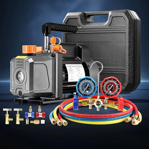 AUSWAY 4CFM Vacuum Pump Set 1/3HP 1 Stage Air Conditioning HVAC Refrigeration AC Car Auto Repair Tools Food Clothes Packaging R134A R410 R502 Manifold Gauges Black
