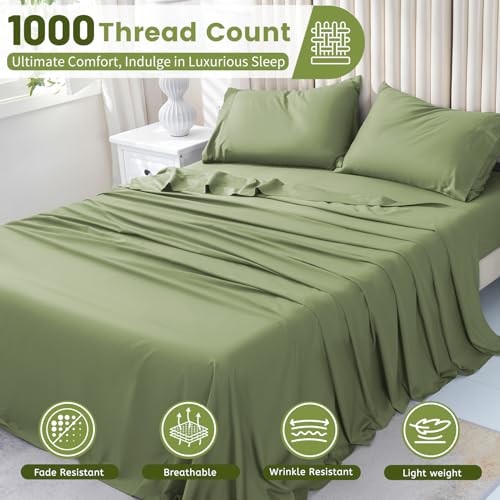 Bedlifes 1000 Thread Count 100% Egyptian Cotton King Size Sheets Set - Sateen Soft Silky Breathable Luxury Cooling 4 Pieces (Olive Green)