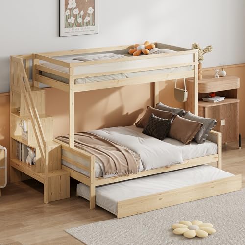 Pawom Cama infantil litera 90 x 200 cm, 140 x 200 cm, cama nido de 90 x 190 cm, madera maciza, escalera de seguridad, espacio de almacenamiento, somier, color natural