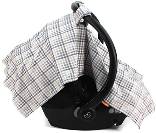 Image of Dear Baby Gear Deluxe Reversible Car Seat Canopy, Custom Minky Print, Fish on Grey /Grey Tan Plaid