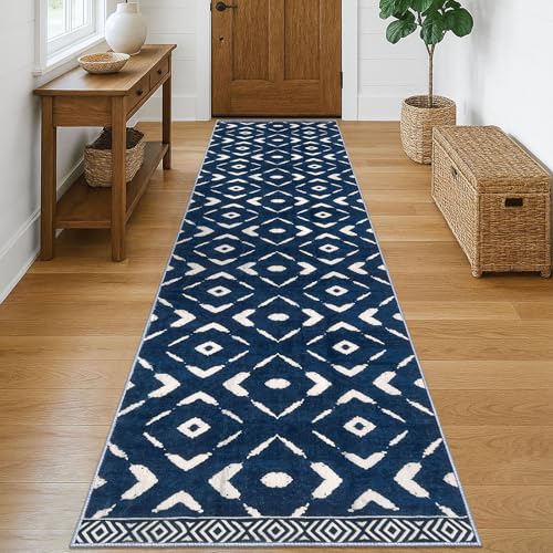 KILOCOCO Hallway Runner Rug 2.6'x10' Runners for Hallways Washable Runner Soft Non Slip Printed Geometric Low-Pile Rugs Runners for Bedroom Kitchen Living Room Boho Rugs, Blue