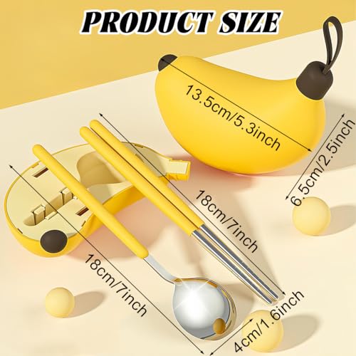 Image of Supvox Spoon and Fork Set with Case - Cartoon Banana Style Utensils Storage Case Spoon Box for Lunch Bag Yellow Handle Stainless Steel Utensils for School, Picnic, Outdoor, Office
