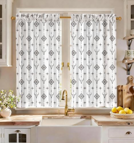 Image of Miss Adola Boho Kitchen Curtains - 45 Inch Length Linen Blend Western Cow Cafe Curtains Western Tier Curtain Short Drapes Rod Pocket for Bathroom Living Room Windows Light Filtering, 2 Panels