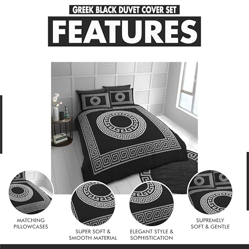 Lions Microfibre Bedding - Reversible Greek Double Bed Duvet Cover Sets with Matching Pillowcase, 100% Polyester Hypoallergenic Quilt Covers, Soft Geometric Pattern, Black - 200x200cm - Image 2