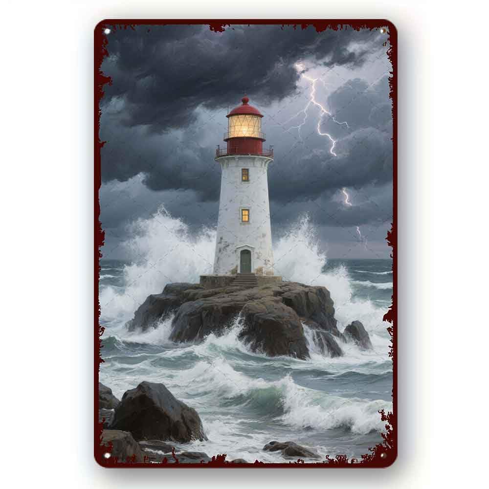 peiyeety Tin Signs Vintage Lighthouse in the storm Home Novelty Metal Signs Bedroom 8x12 Inch Retro Parlor Courtyard Wall Decor