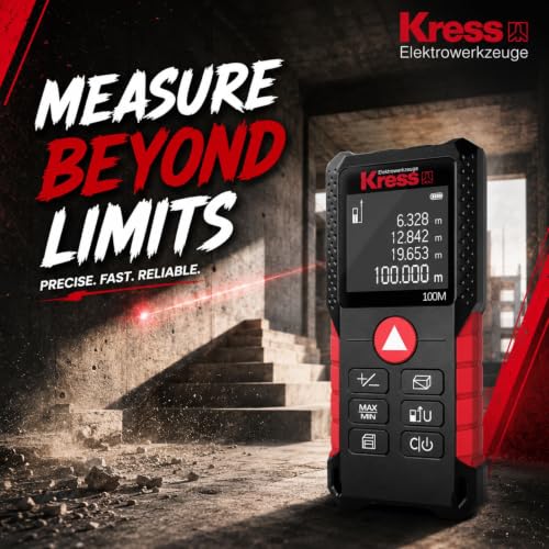Image of Kress KI202 100M Cordless Laser Distance Measurer | ±1.5mm Accuracy | IP54 Waterproof | 1s Fast Measurement | LCD Reverse Display | 20 Memory Sets | Soft Grip Design | Includes Charger & Case