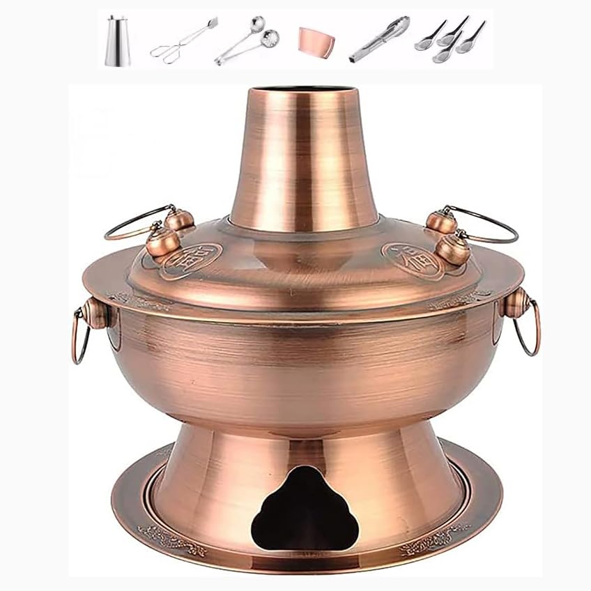 Mongolischer Hot Pot, klarer Suppen-Hotpot und chinesischer Holzkohle-Heiztopf sind geeignet mit Schornstein, mit Undichter Löffel und Löffel,Messing,36CM