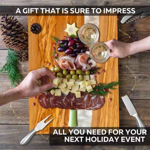 Image of Handcrafted Italian Olive Wood Cheese & Charcuterie Board Set with Unique White Pearl Resin Artwork - Cutting Board Comes with 4 Cheese Knives, 2 Dipping Bowls & Corkscrew Wine Opener (White Pearl)