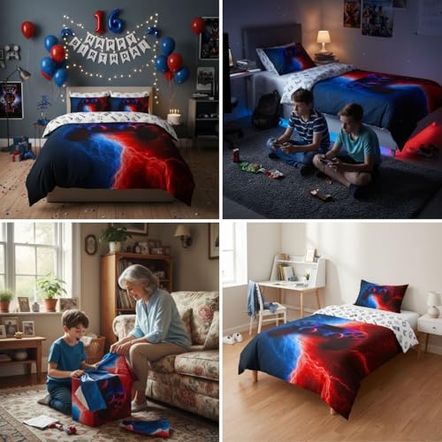 Homewish Gamer Gaming Bedding Sets Single Size,Lightnings Gamepad Duvet Cover, Video Games Comforter Cover for Kid Teens Boys and girls Man, Modern Bedroom Decor 2 Pcs Bedding Set,Red Blue - Image 5