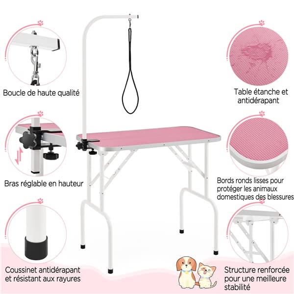 Abician Table de Toilettage pour Chien/Chat/Animaux Table de Toilettage Portable avec Potence Réglable Sangle Plateau Antidérapant 80,5× 46 × 76 cm Charge Maximale de 100 kg Rose
