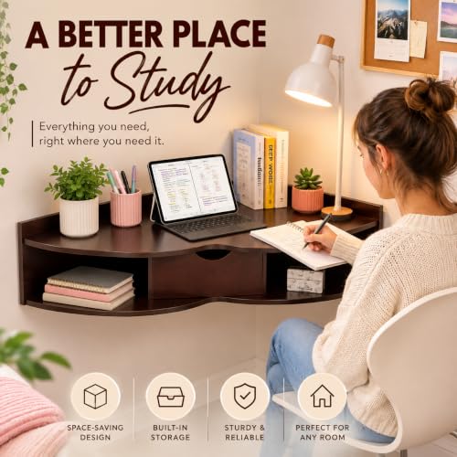 Image of Basicwise Wall Mounted Folding Desk with Drawer and Two Shelves