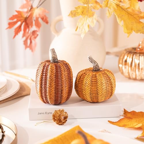 Valery Madelyn Fall Decorations for Home, Fall Pumpkin Decor, 2pcs Resin Pumpkin Decorations Indoor, Pumpkins for Decorating, Autumn Thanksgiving Table Decor, 5 inch - Image 4
