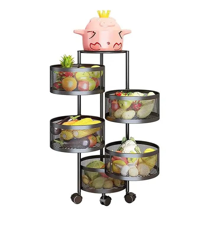 Image of MARKWELL Round Rotatable Kitchen Trolley with Wheels | Vegetable Fruit Onion Storage Rack | Multipurpose Metal Kitchen Organizer Stand | Matt Black (Round - 5 Layer)