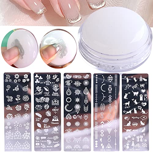 Nail Stamp Templates Kit 5 Pcs Roses Flower Leaves Geometry Retro Jewels Design Metal Image Nail Plates 1 Stamper 1 Scraper for DIY Decorating Polish Gel Print Decals Set Manicure Stencils Tool