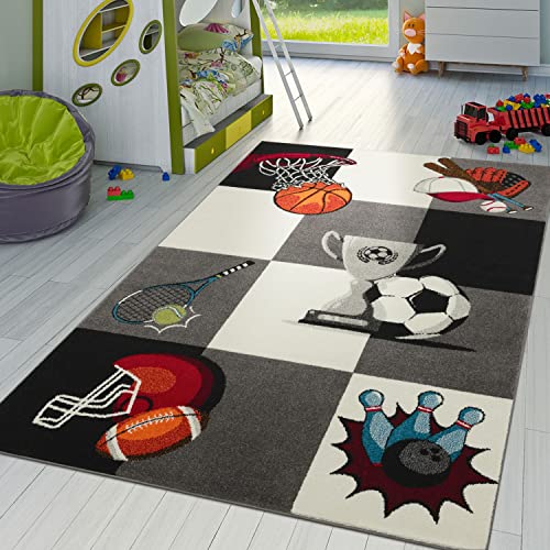 Kinder Teppich Sportwelt Fußball Pokal Tennis Kinderzimmer Teppich Grau Creme, Größe:160x220 cm