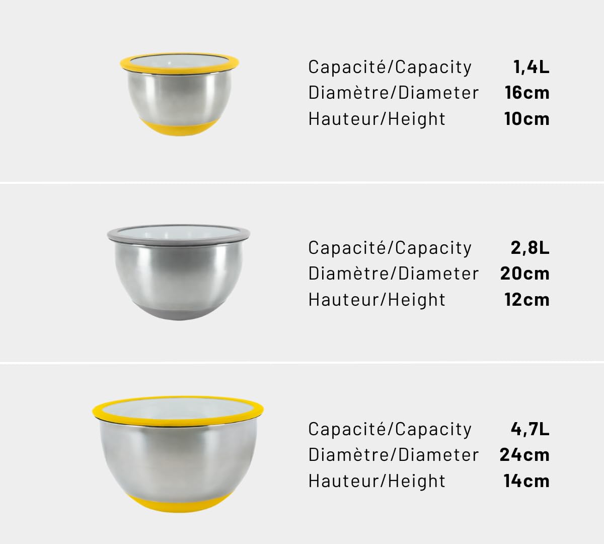 PIKA Set di 3 ciotole in acciaio inox con coperchi in vetro + 3 grattugie integrate | Culo di gallina inox 4 in 1 | Impilabili | Ideale per pasti, pic-nic, preparazione