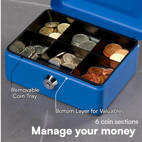 Image of H&S Lockable Cash Box with Key - Black Cash Box in Small with 2 Keys - for Notes with Coin Compartment for Money Storage - Money Box Cash Box with Lock - Blue