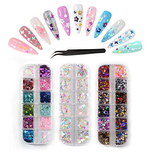 3D Butterfly Nail Glitter Sequins, Holographic Nail Art Supplies, Flakes Colorful Confetti Glitter of Nails, Thin Star Heart Round Sticker Decals Accessories Decorations