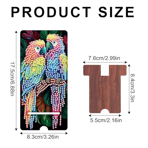 Image of Parrot Diamond Painting Phone Stand with Mirror, DIY Wooden Diamond Art Desktop Phone Holder, 2-in-1 Crystal Rhinestone Diamond Painting Craft and Tabletop Mirror