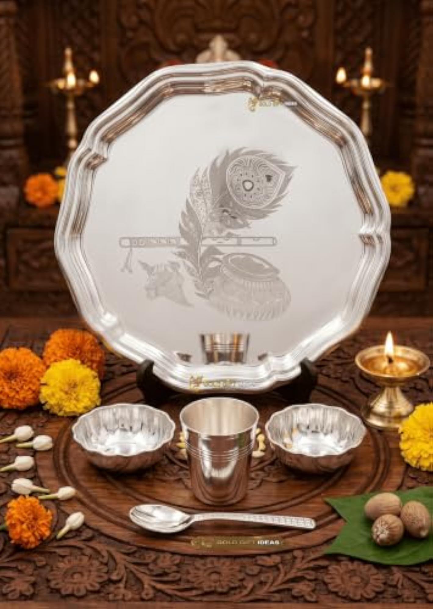 8 Inch Silver Plated Bhog Dinner Set for Laddu Gopal, Gift Box Included