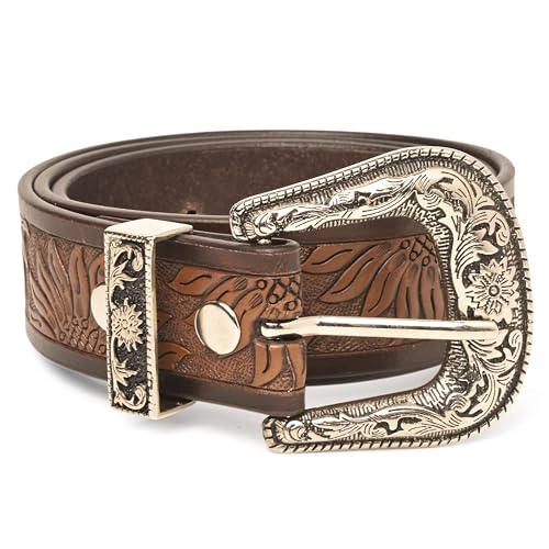 Cowboy Western Genuine Leather Belt for Men - Vintage Handcrafted Tooled Floral Design Engraved Changeable Buckle2
