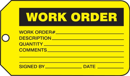 Accuform Signs Mmt335Ctp Production Control Tag, Legend "Work Order", 5.75" Length X 3.25" Width X 0.010" Thickness, Pf-Cardstock, Black On Yellow (Pack Of 25) (846642047115)