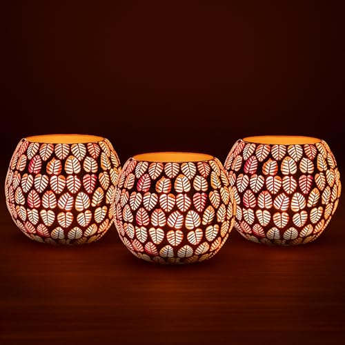Image of Floryn Decor Morrocan Mosaic Candle Holders | Home Light Decorations Items | Mosaic Glass Tealight Holder | Best lamp for Diwali Decoration | Pack of 3 (with 3 Tealight Candle Free)