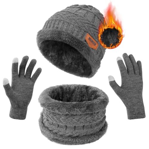 Flintronic Wintermütze, Schal und Touchscreen Handschuhe Set - Fleece-Innenfutter Warm Beanie Mütze, Elastische Mütze, Runder Schal für Herren & Damen