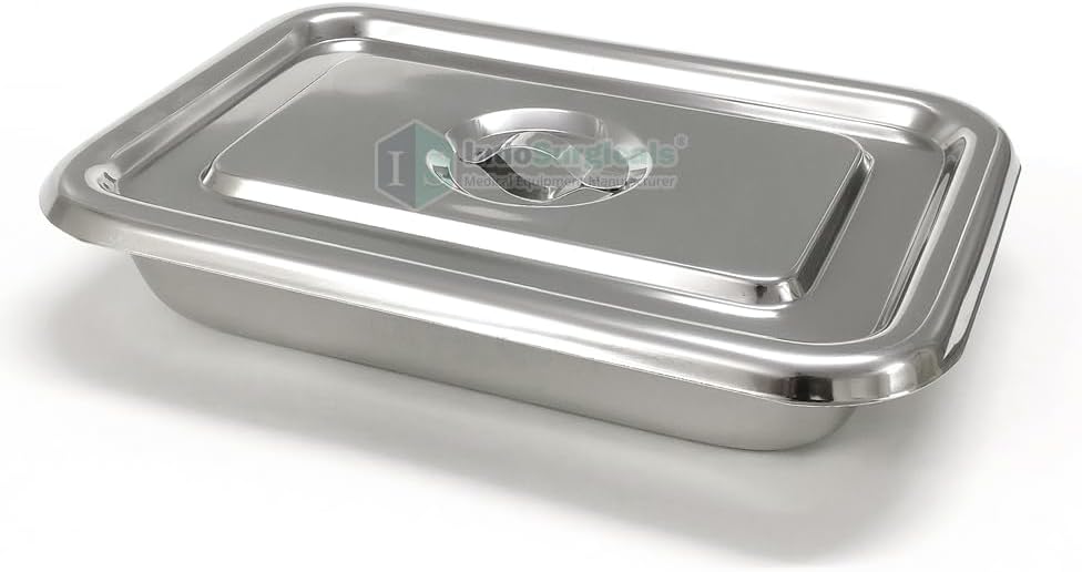 IS IndoSurgicals Stainless Steel Instrument Tray with Cover, Deluxe Quality (1, 10"X8"X2")