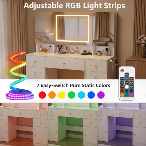 Image of YESHOMY Makeup Table with Power Outlet and Hair Dryer Holder, 3 Folden Mirror with Hidden Storage Shelves, 3 Drawers and 2 Storage Cabinet, for Bedroom, White