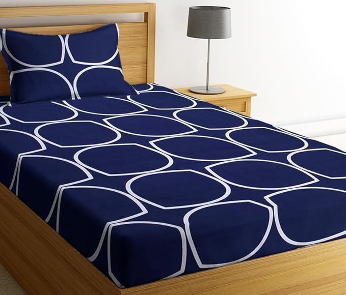 Image of Jashan Glace Cotton 220 TC Single Bedsheets for Summer Soft Breathable Fabric Elegent Design| Wrinklefree (Size-60 X 90 Inch) with 1 Pillow Covers (Size-17 X 27 Inches, Navy Blue)