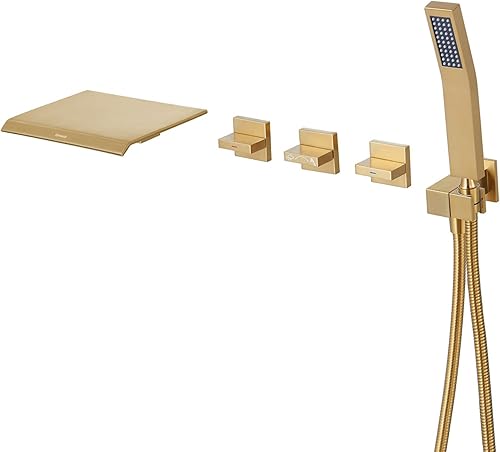 Qinkell Grifo de bañera de cascada con ducha de mano romano montado en la pared dorado cepillado con 3 asas