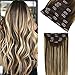 Produktbild LaaVoo Voller Kopf Balayage Extantion Clip Echthaar Remy Echthaar für Komplette Haarverlängerung glatt Haarteile 120g 7Stück Haarextension Echthaar Clip Dunkelbraun Balayage Karamellblond 40cm