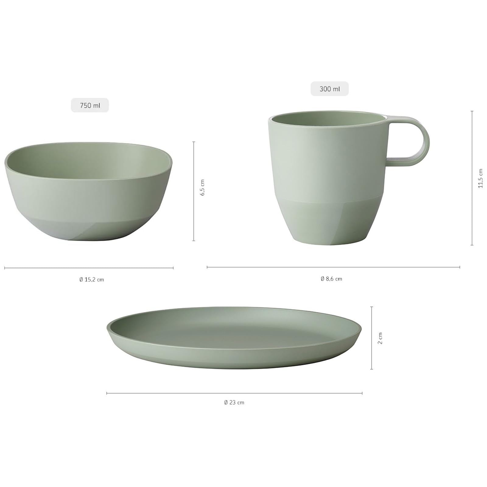 Mepal Frühstücks-Set 12-teilig Silueta Becher (300 ml), Teller (23 cm) und Schalen (750 ml) Outdoor-Geschirr für 4 Personen Spülmaschinen- und mikrowellenfest Kunststoff (PET) Nordic Sage