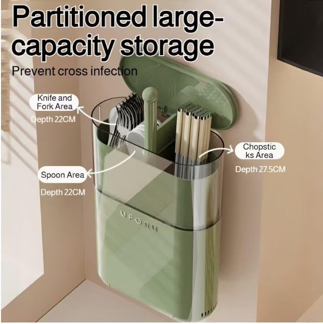 Image of Bayleef Premium Cutlery Organizer with Lid - Luxury Kitchen Utensil Holder with Ventilation & Drain Tray for Spoons, Forks, Knives & Chopsticks