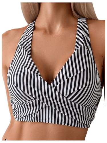 SweatyRocks Women's Striped Criss Cross Bikini Top Tie Backless Beach Swimsuit Tops